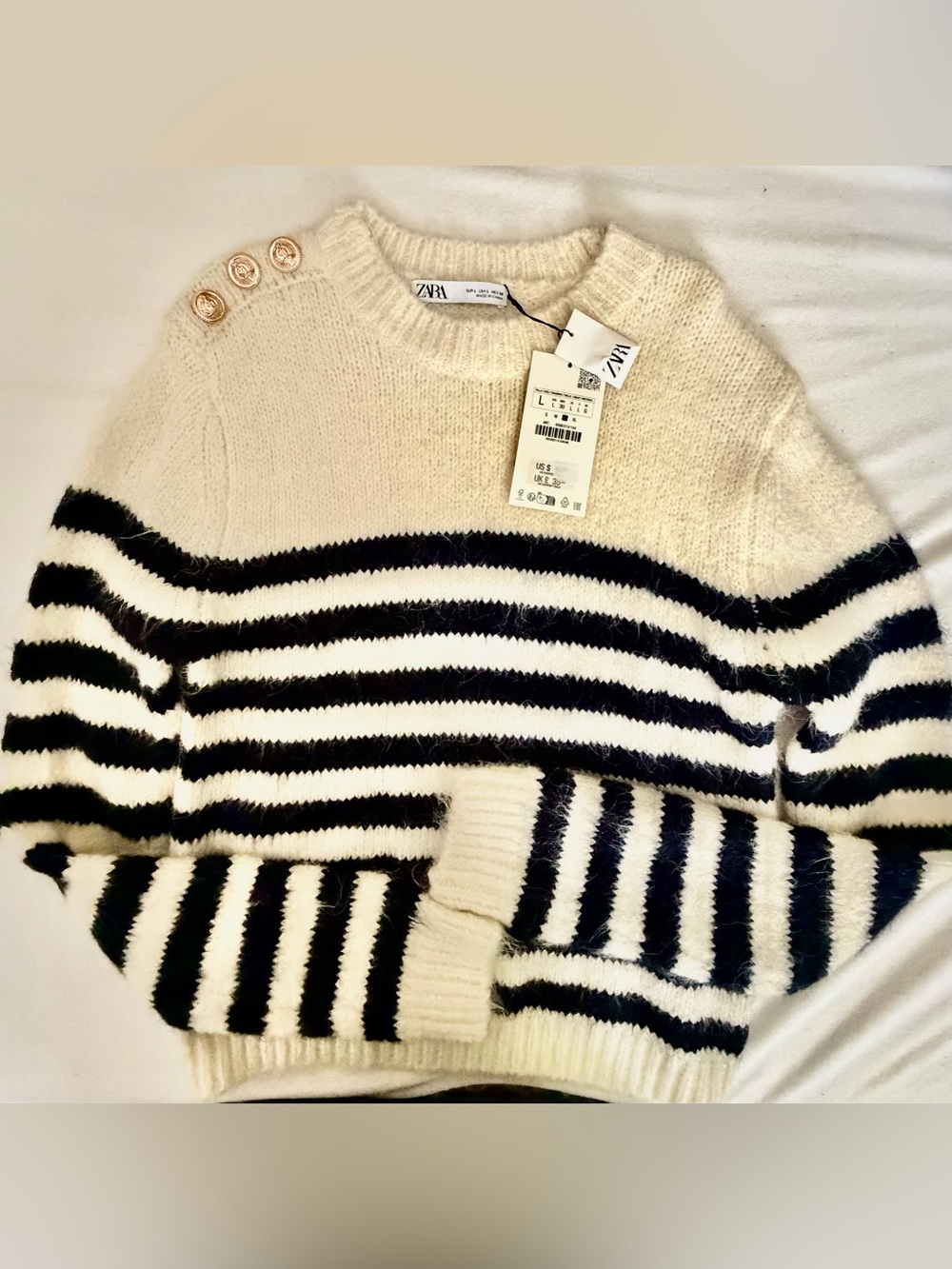 ZARA Cream and Black Striped Button-Shoulder Sweater - Picture 1 of 4